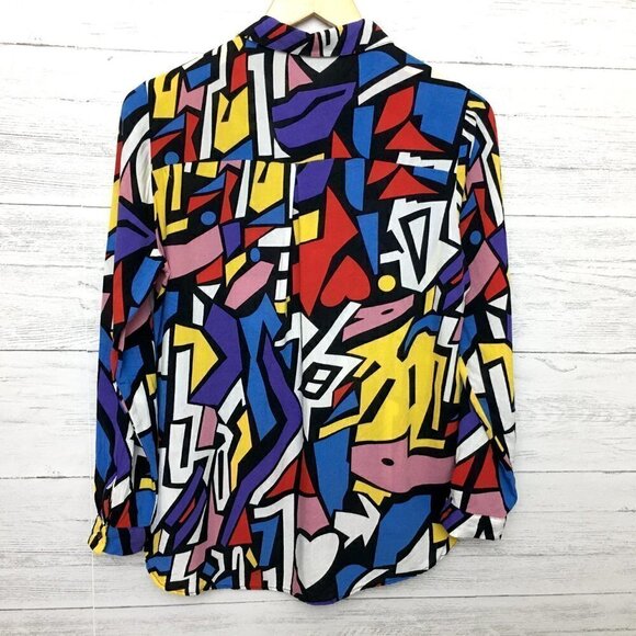 Women's Retro Pop Art Print Shirt Button Front Long Sleeves Colorful Abstract M - Picture 10 of 10